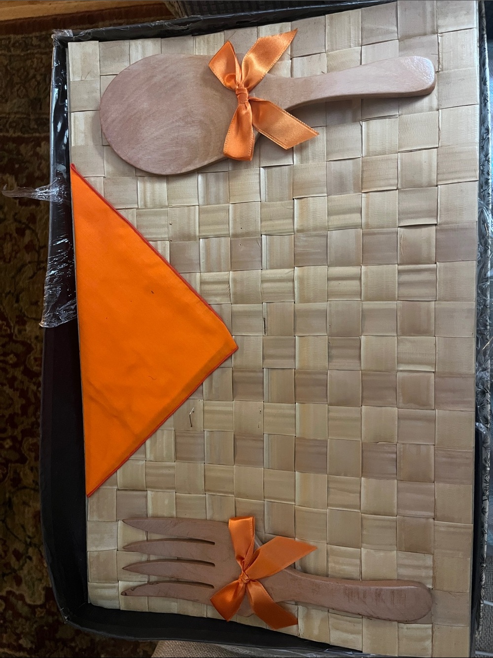 Orange Ribbon Wooden Utensil and Napkin Set with Bamboo placemat